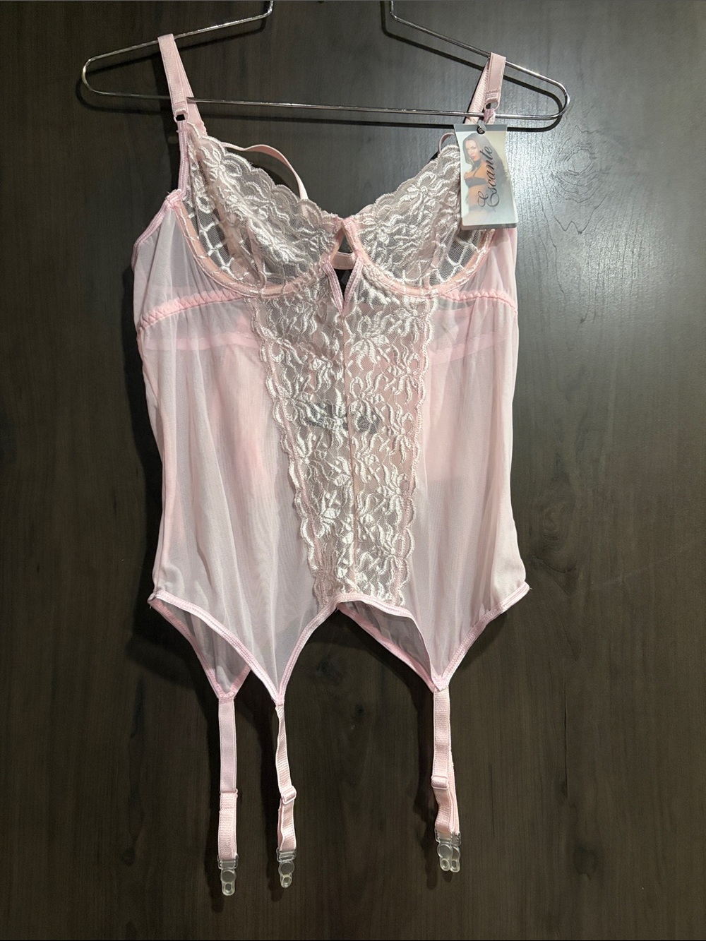 Delicate Sheer Lace Garter Corset in Light Pink with panties and stockings